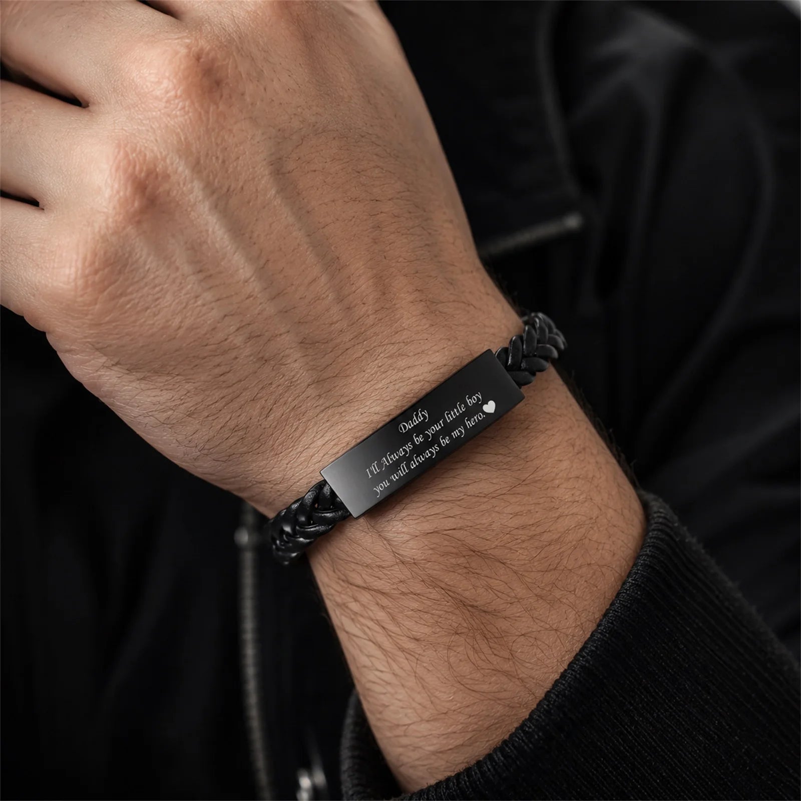 Vnox Black Braided Leather Bracelet for Men, Engraved Daddy Stainless Steel Bangle, Fathers Day Present Gifts from Daughter Son