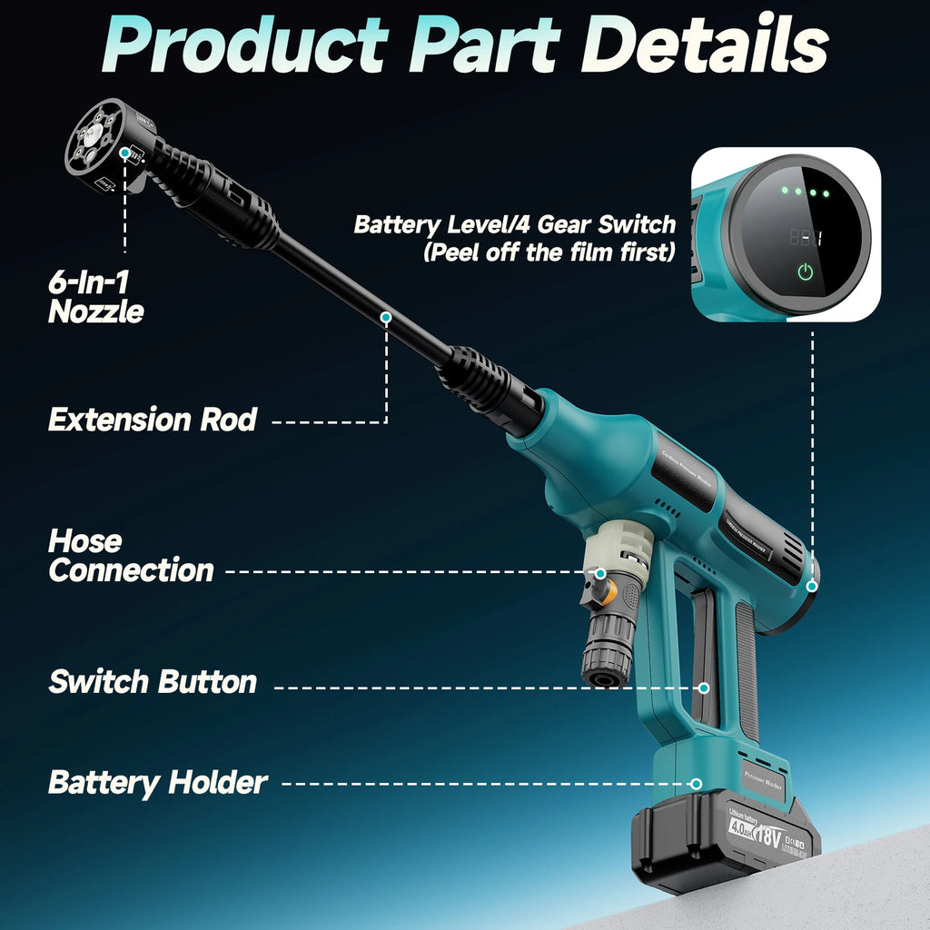 Cordless Pressure Washer, 6-in-1 Nozzle Battery Powered Pressure Washer, 700PIS Handheld Portable Power Washer with 4.0Ah Battery & Charger for Car
