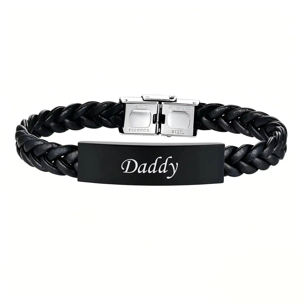 Vnox Black Braided Leather Bracelet for Men, Engraved Daddy Stainless Steel Bangle, Fathers Day Present Gifts from Daughter Son