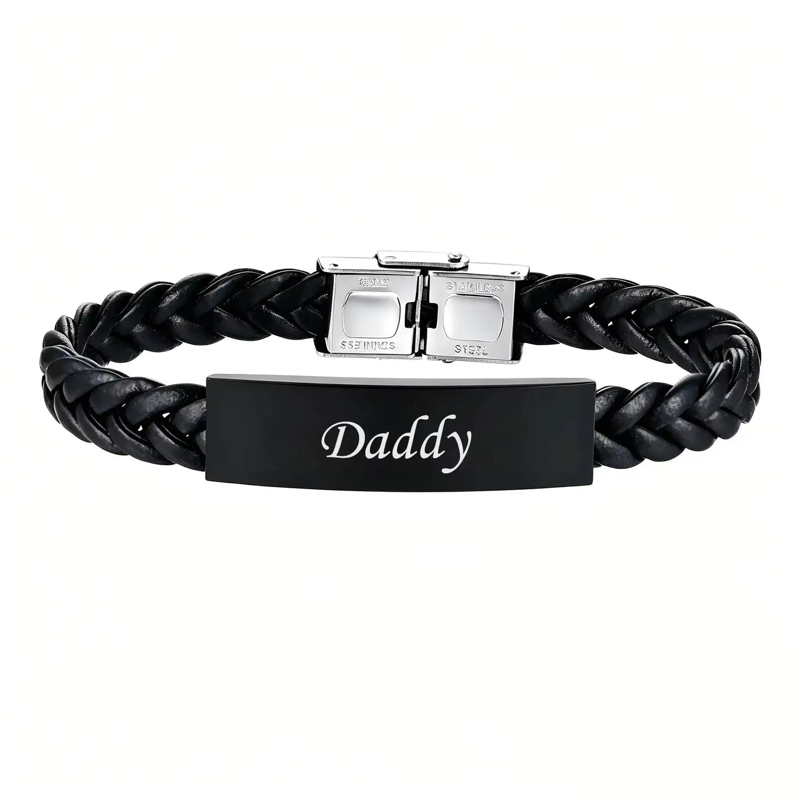 Vnox Black Braided Leather Bracelet for Men, Engraved Daddy Stainless Steel Bangle, Fathers Day Present Gifts from Daughter Son