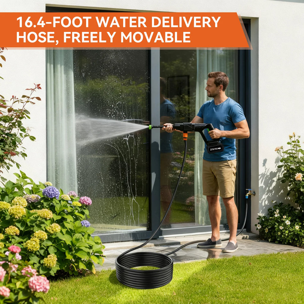 300W Cordless High Pressure Washer Electric 500PSI Portable Car Washer with 21V 4.0 Ah Battery 16.40 ft Hose for Cars Fences