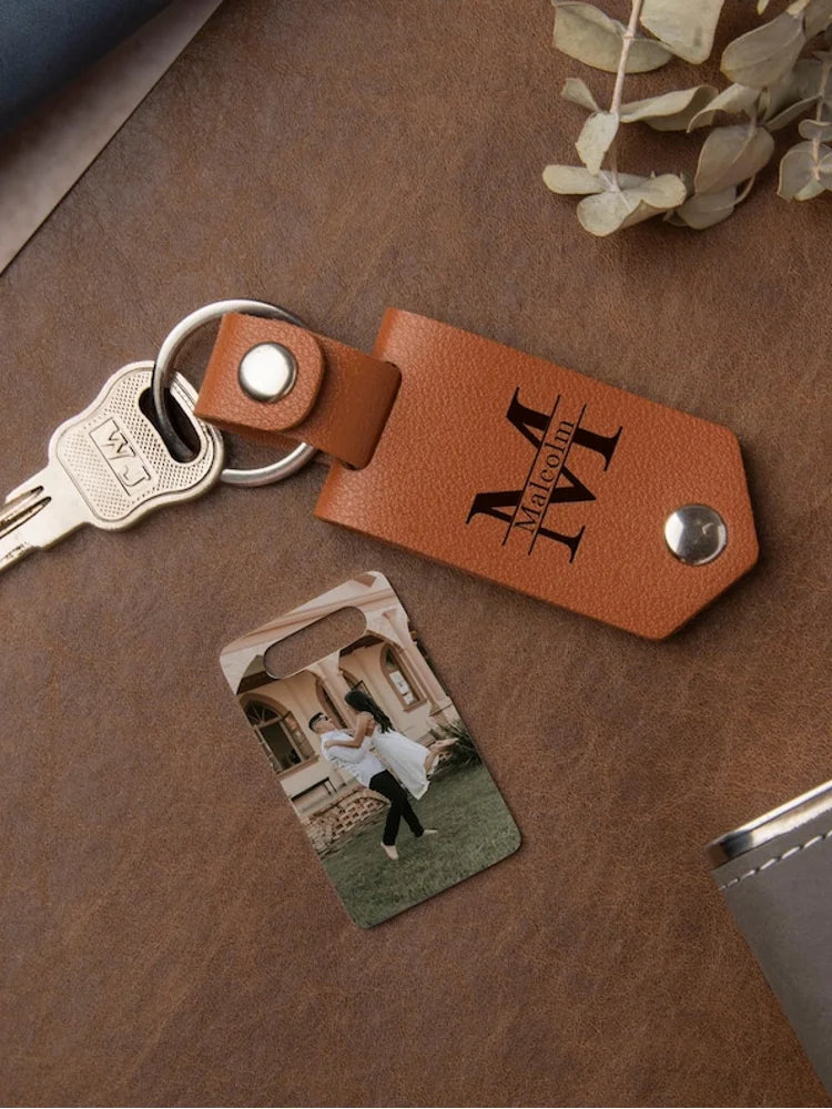 Leather Keychain with Photo and Text, Personalized Keychain Anniversary Gift, Gift for New Dad, Father's Day Gift, Men's Gift