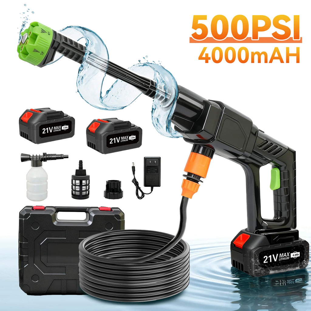 300W Cordless High Pressure Washer Electric 500PSI Portable Car Washer with 21V 4.0 Ah Battery 16.40 ft Hose for Cars Fences