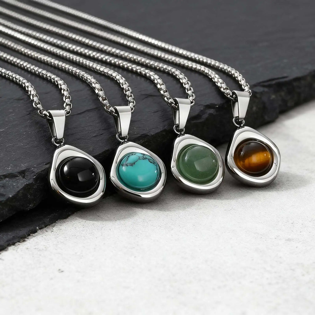 Trendy Pendant Necklaces for Men,Square Natural Stone Stainless Steel Necklaces,Hip Hop Healing Jewelry Gifts for Husband Dad