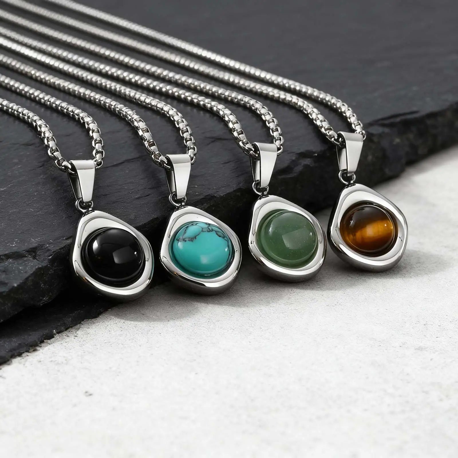 Trendy Pendant Necklaces for Men,Square Natural Stone Stainless Steel Necklaces,Hip Hop Healing Jewelry Gifts for Husband Dad