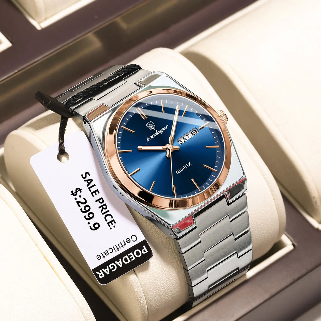 POEDAGAR Luxury Men's Watches Waterproof Luminous Date Week Men Watch Stainless Steel Casual Fashion Quartz Man Wristwatch Reloj