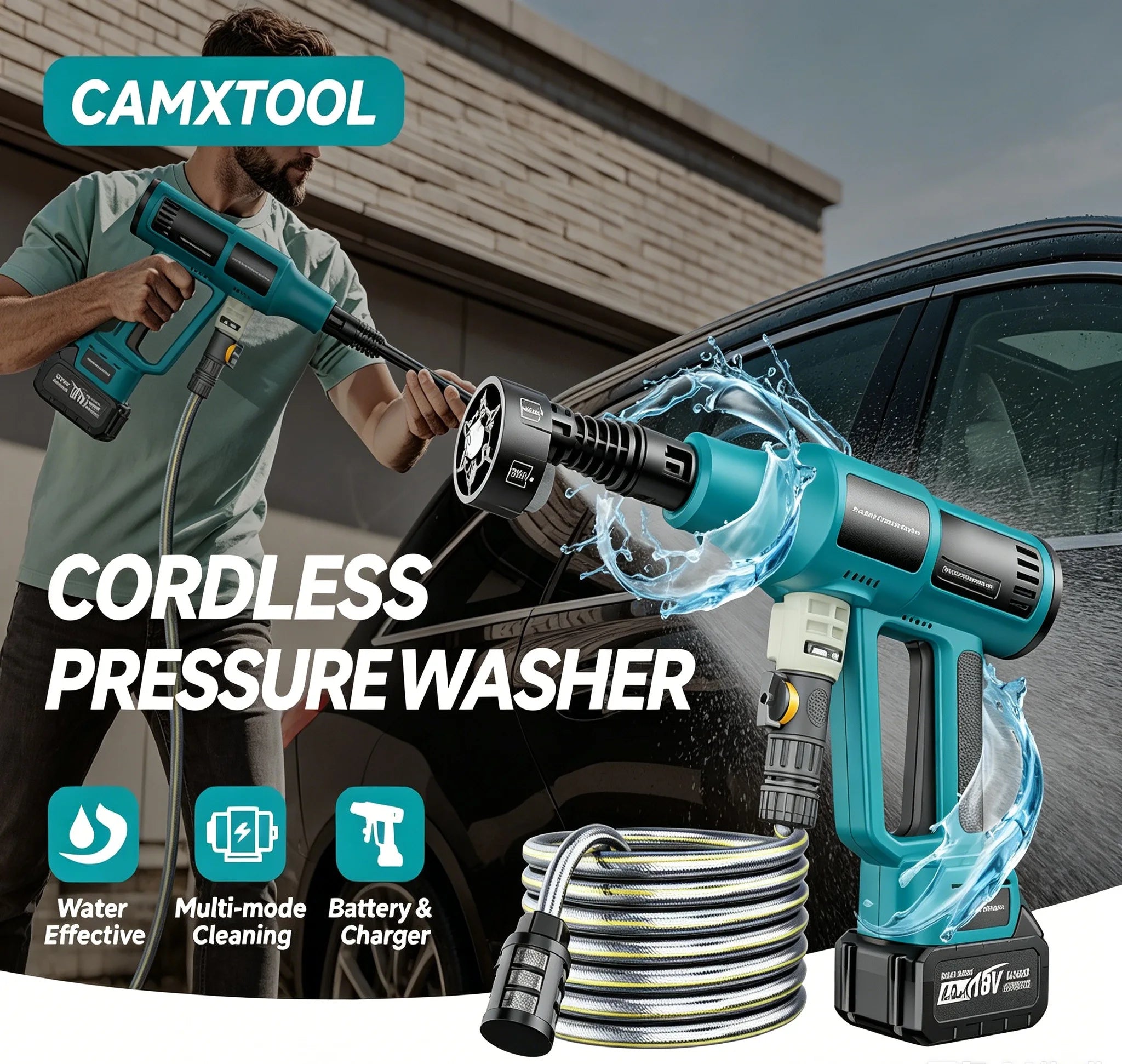 Cordless Pressure Washer, 6-in-1 Nozzle Battery Powered Pressure Washer, 700PIS Handheld Portable Power Washer with 4.0Ah Battery & Charger for Car