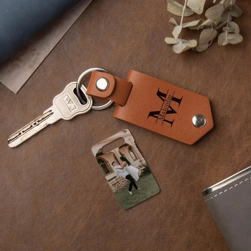 Leather Keychain with Photo and Text, Personalized Keychain Anniversary Gift, Gift for New Dad, Father's Day Gift, Men's Gift