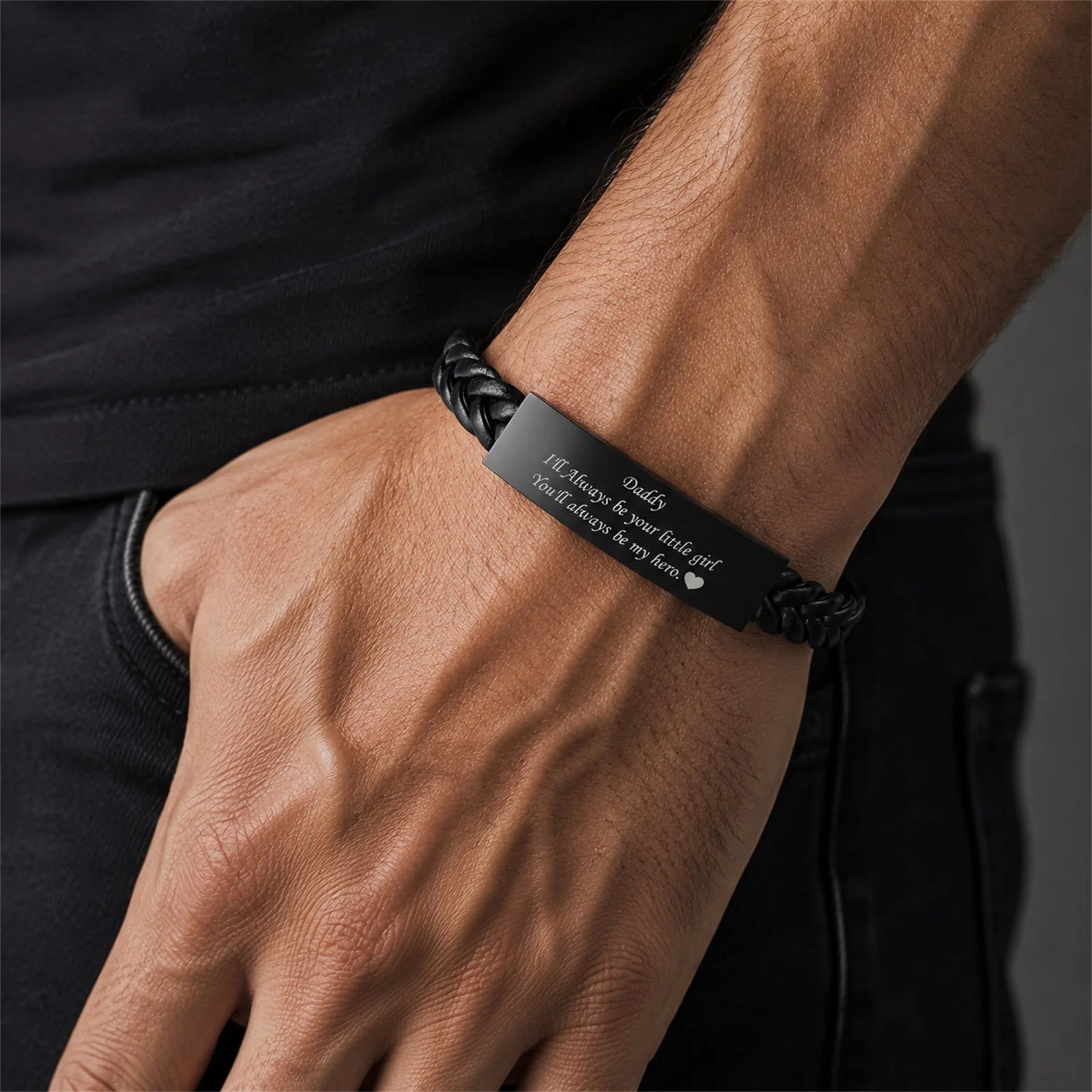 Vnox Black Braided Leather Bracelet for Men, Engraved Daddy Stainless Steel Bangle, Fathers Day Present Gifts from Daughter Son