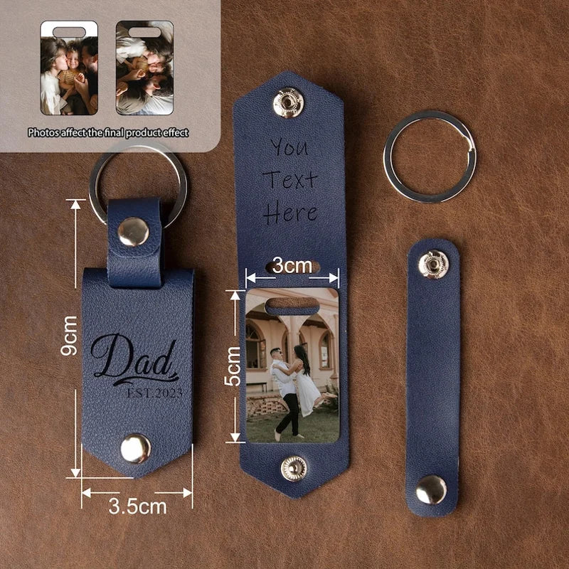 Leather Keychain with Photo and Text, Personalized Keychain Anniversary Gift, Gift for New Dad, Father's Day Gift, Men's Gift