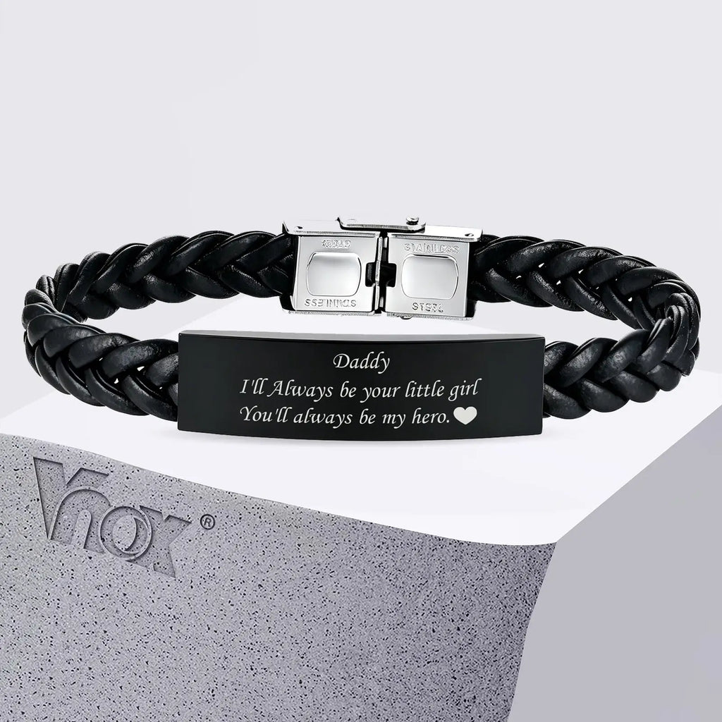 Vnox Black Braided Leather Bracelet for Men, Engraved Daddy Stainless Steel Bangle, Fathers Day Present Gifts from Daughter Son