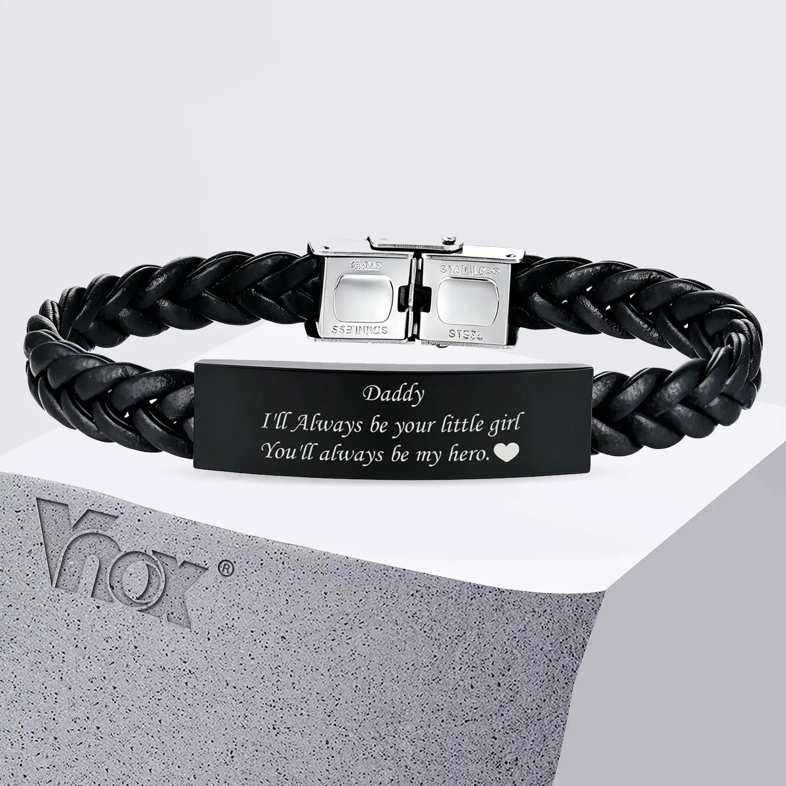 Vnox Black Braided Leather Bracelet for Men, Engraved Daddy Stainless Steel Bangle, Fathers Day Present Gifts from Daughter Son