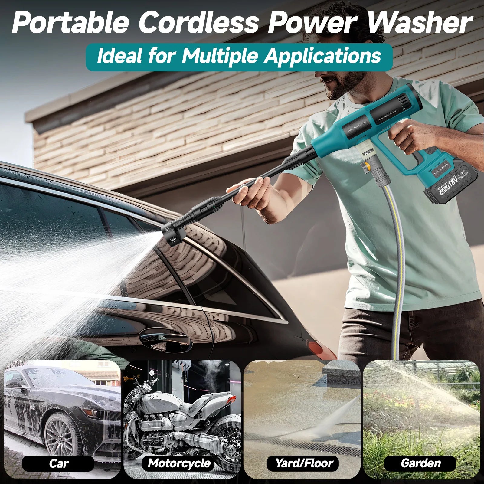Cordless Pressure Washer, 6-in-1 Nozzle Battery Powered Pressure Washer, 700PIS Handheld Portable Power Washer with 4.0Ah Battery & Charger for Car